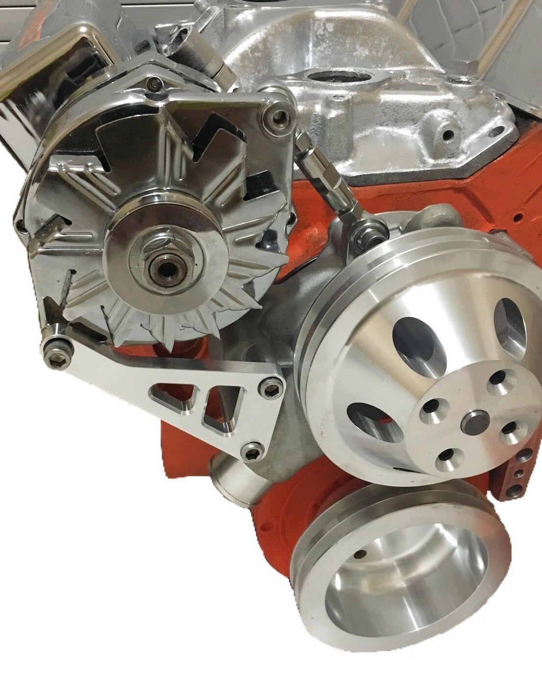 thumbnail image 2 of Ropspeedracing Polished Aluminum Alternator Bracket For Small Block Chevy 350 (Long Water Pump) 2 of 3