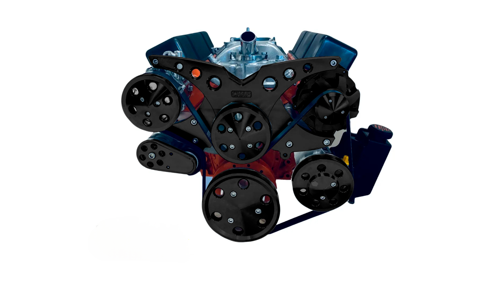 thumbnail interactive-video image 1 of Black Steel SBC Short Water Pump Pulley Kit For Chevy Small Block - Includes Power Steering 1 of 12